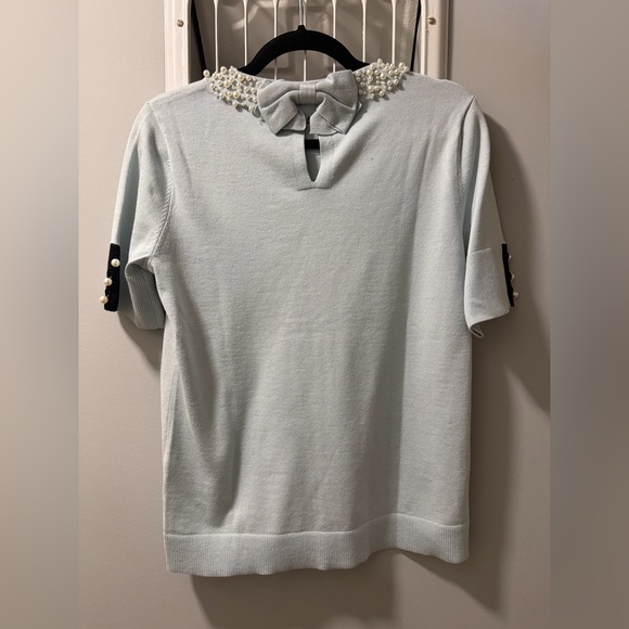 NWT Karl Lagerfeld Light Blue Pearl-Embellished Top, Sz S - Picture 6 of 8